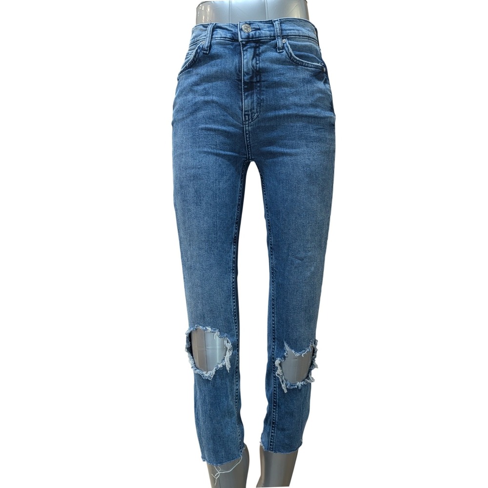 Free People Busted Knee Distressed Bohemian Skinny Jeans Blue W28 Raw Hem